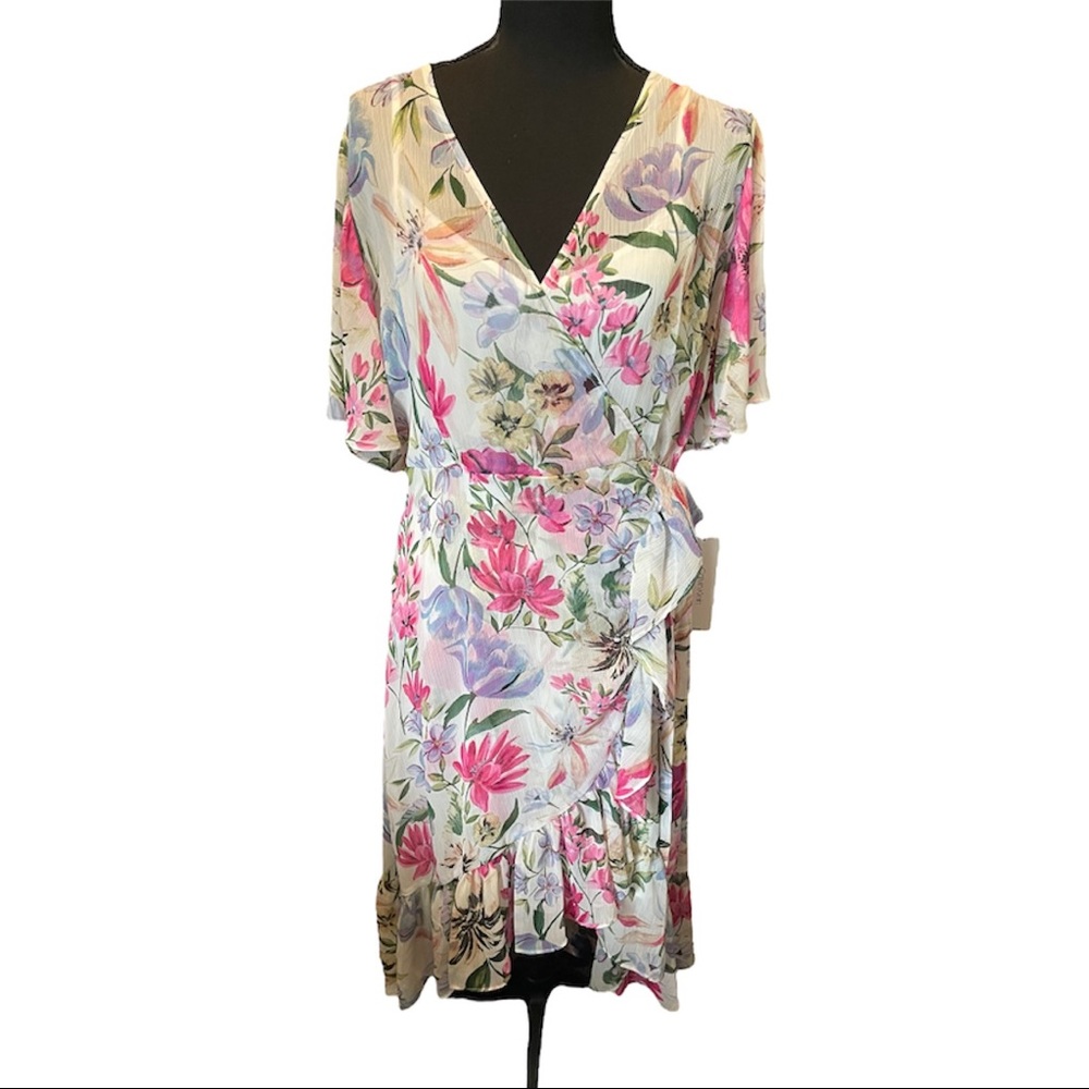 NWT Calvin Klein Romantic Floral Wrap Ruffle Dress